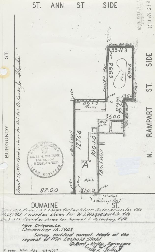 December 1948 survey on 1014 Dumaine Street.
