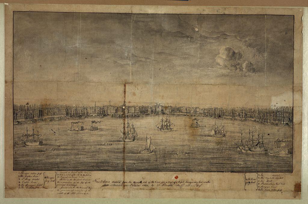 "New Orleans, sketched from the opposite side of the river upon a mast of a vessel during a very low water."