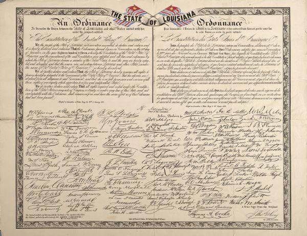 The Louisiana Secession Ordinance declared the state’s withdrawal from the United States government and its refusal to adhere to the laws of the Constitution.
