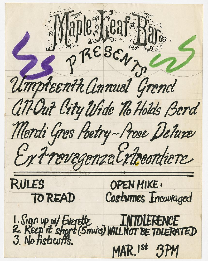 Flyer for Annual Mardi Gras Open Mic Reading at the Maple Leaf Bar.
