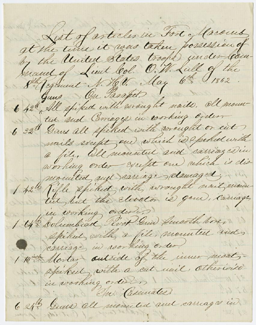 Handwritten list in cursive on yellowed paper, including different guns