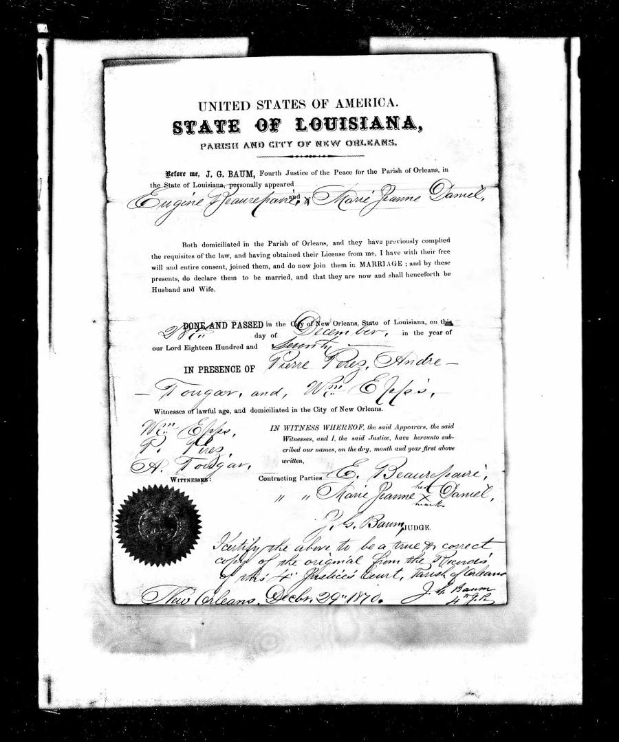 Marriage Record of Eugene Beaurepaire and Marie Jeanne Daniel
