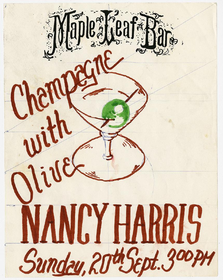 Flyer for Nancy Harris as Featured Reader at Maple Leaf Bar Reading Series.
