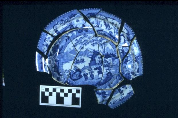 Rose-Pattern Blue-Transfer Printed Soup Plate from Rising Sun Hotel (ca. 1820-1822)
