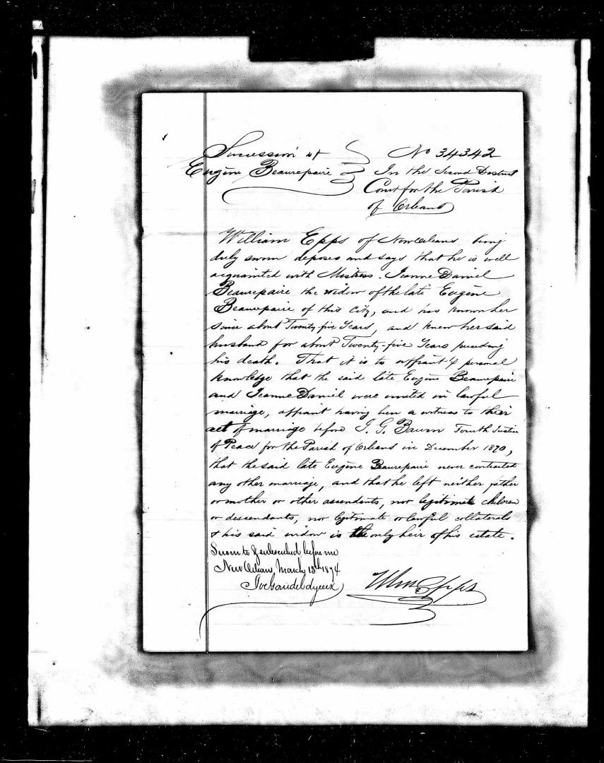 Petition Papers from the Succession of Eugene Beaurepaire, filed in the 4th District Court of New Orleans