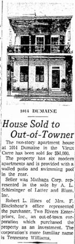 Times-Picayune article on Williams purchasing 1014 Dumaine Street.