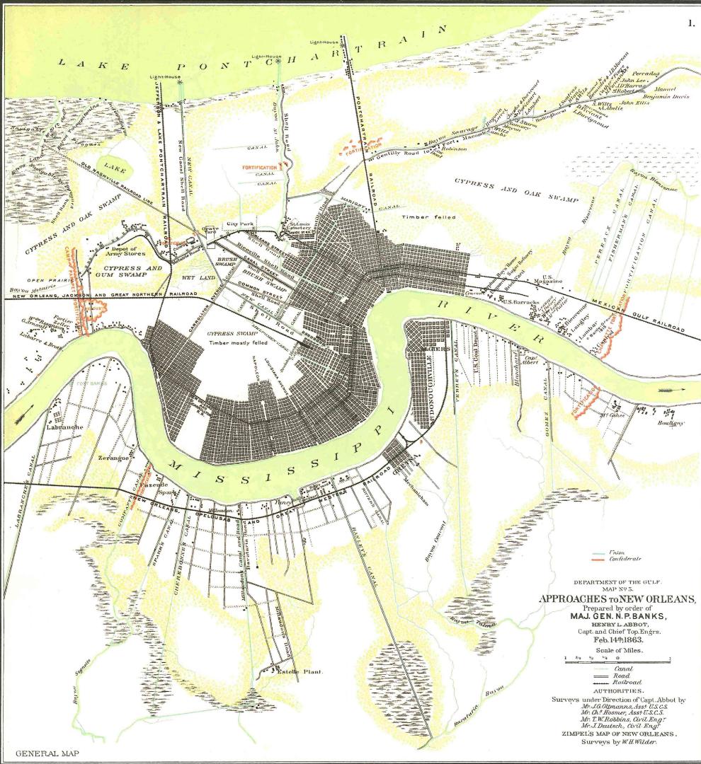 1863 U.S. Army map of New Orleans area. Camp Parapet west of the city