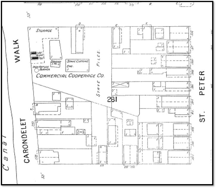 A schematic of city square 281 in 1893 that shows "Commercial Cooperage Company" in the top right corner, along Carondelet Walk. The map includes a storage shed, furnace, and other buildings on the lot.