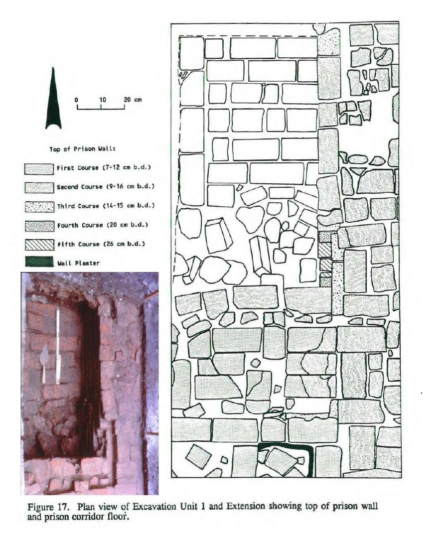 Plan drawing and inset photo showing prison wall and corridor floor.