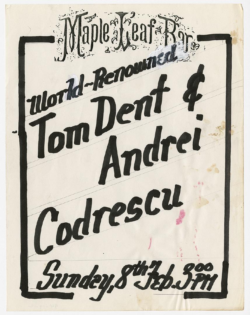Flyer for Tom Dent and Andrei Codrescu reading at the Maple Leaf Bar.
