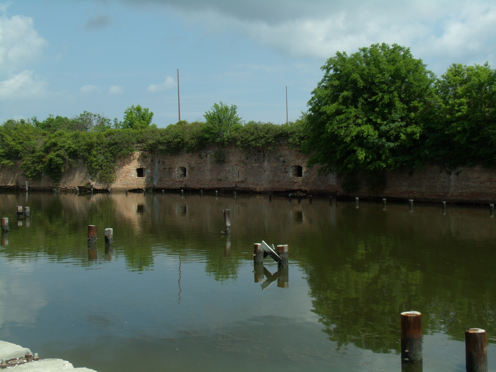 Color photograph of a brick fort surrounded by water with greenery growing on top of the fort and wooden pilings sticking out of the water in the foreground.