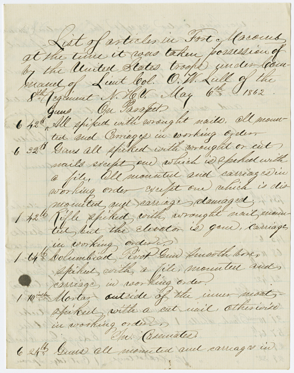 Handwritten list in cursive on yellowed paper, including different guns