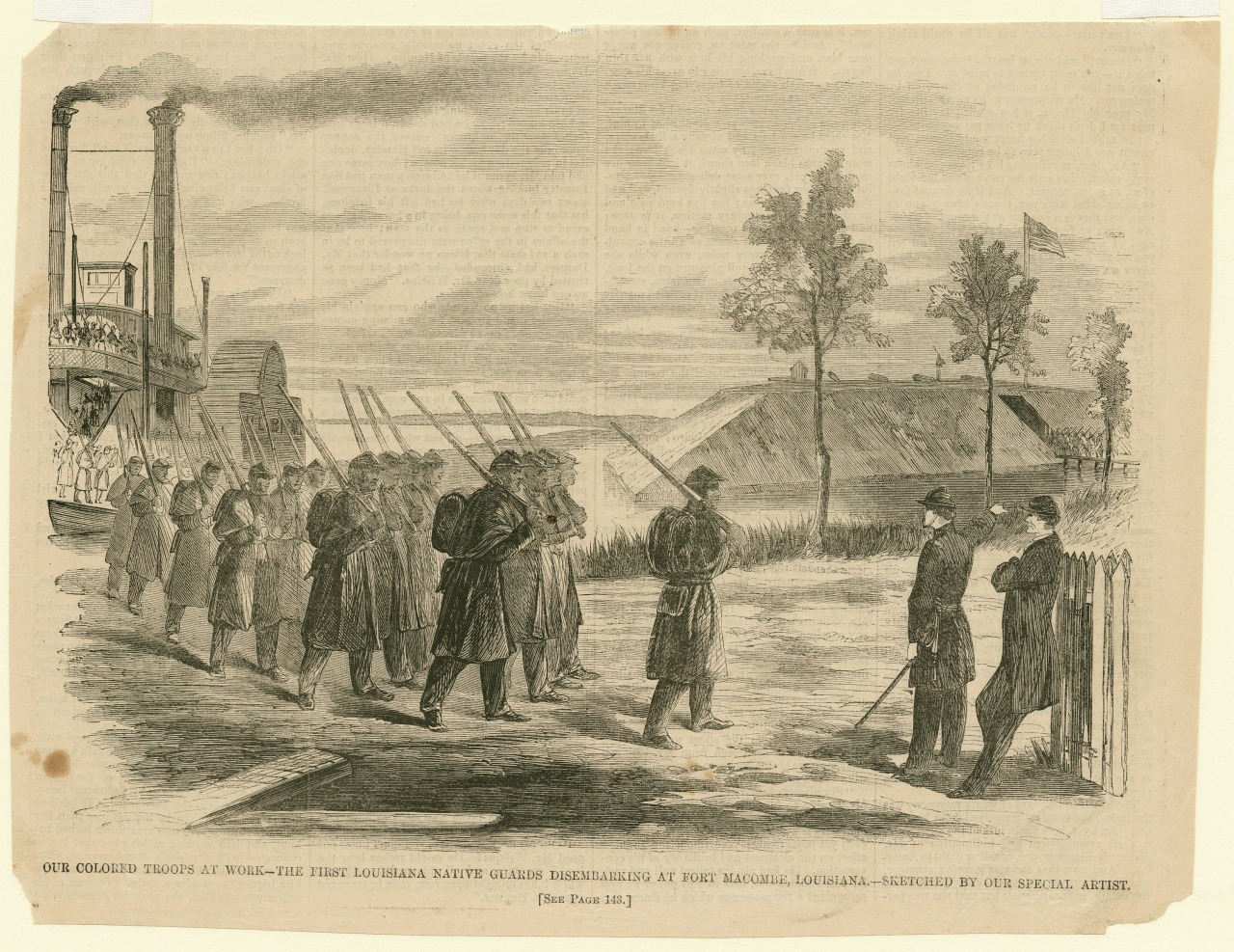 Drawing of several rows of soldiers with guns over their shoulders disembarking a steamship, with a fort flying the American flag in the background.