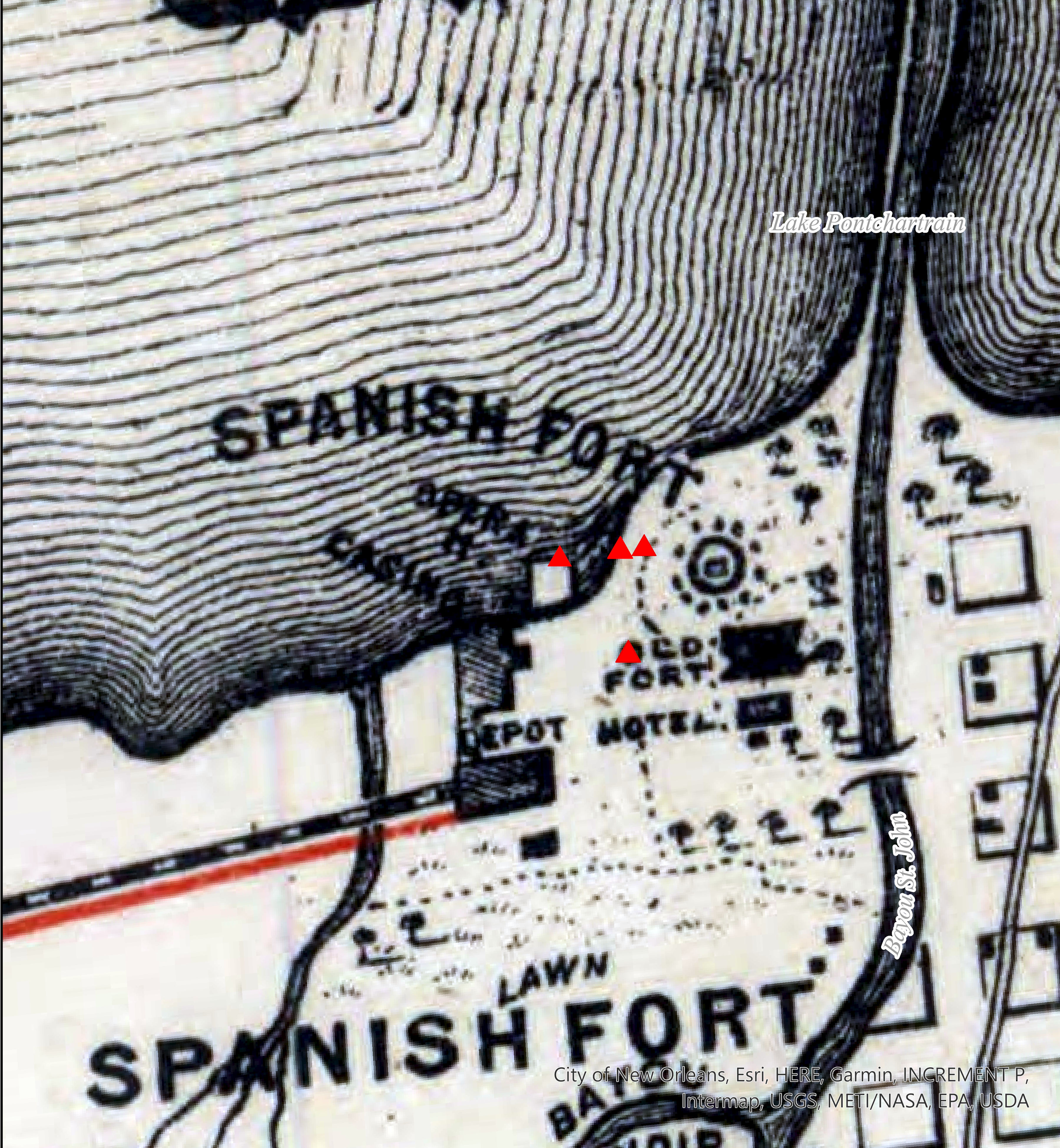 Historic illustrated map cropped to show the area called "Spanish Fort" near Lake Pontchartrain. Trees, city squares, and sketches of buildings are included on the map.
