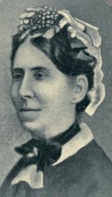 Black and white drawing of woman wearing a white cloth mobcap and black ribbon around her neck.